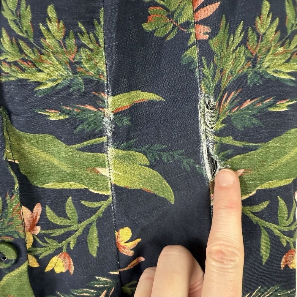 PAIGE Silk Linen Floral Puff Sleeve Midi Dress Blue Green Cottagecore Flaw - Picture 5 of 10